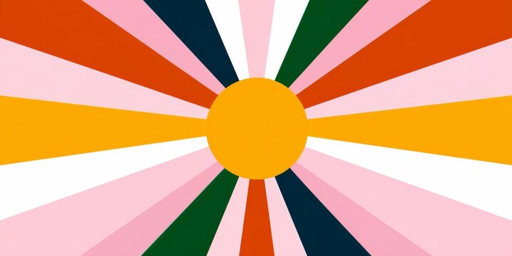 Colorful sunburst with a yellow sun in the center. The sun is surrounded by a rainbow of colors, including pink, blue