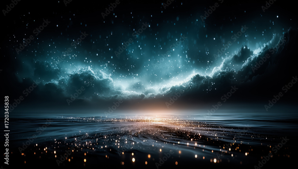 Poster dark sky with a large cloud and many stars. the stars are scattered throughout the sky, creating a s