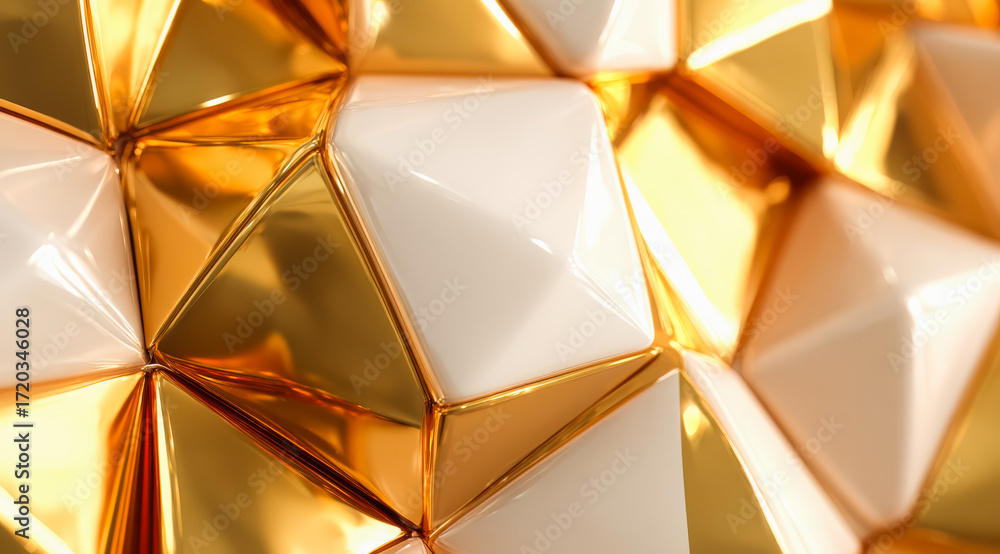 Poster gold and white geometric pattern with a shiny, reflective surface. the pattern is made up of triangl