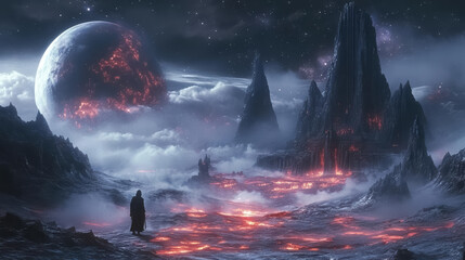 A spaceman walking through a dramatic and atmospheric landscape depicting a dark alien world