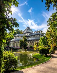 A grand glass palace in a sunny park