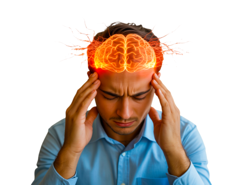 Man with headache isolated on transparent background with brain burning concept