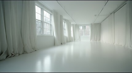 Large, empty room with white curtains and white walls. The room is very clean and empty. The curtains are open