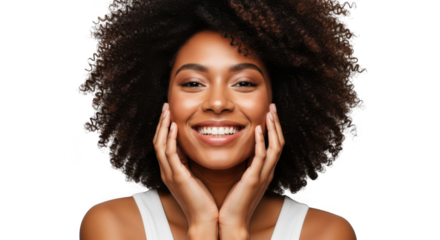 A joyful woman with an afro smiles broadly, hands on her cheeks, isolated on transparent background