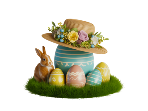 Easter decoration isolated on transparent background with bunny and eggs - Powered by Adobe