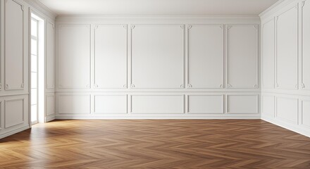 Classic luxury white empty interior with wall molding panels and wooden floor. Modern white background. 3d render