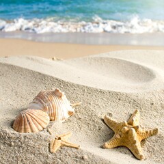 Seashells and starfish on beach sand