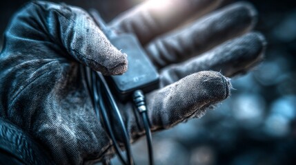 A person wearing a glove firmly holding an audio recorder, suitable for recording or transcription work, highlighting durability, reliability, and ease of operation in diverse environments or