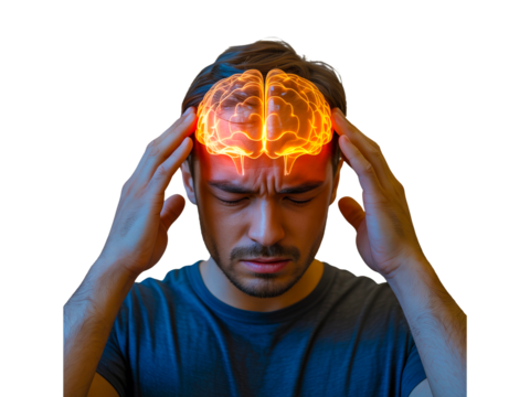 Man with headache holding his head isolated on transparent background