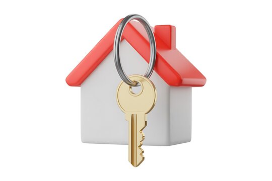 3D house key and keyring for real estate and home ownership concept

