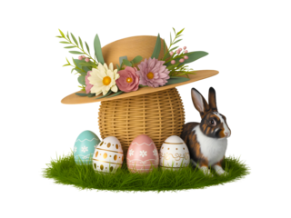 Easter eggs and rabbit with hat isolated on transparent background