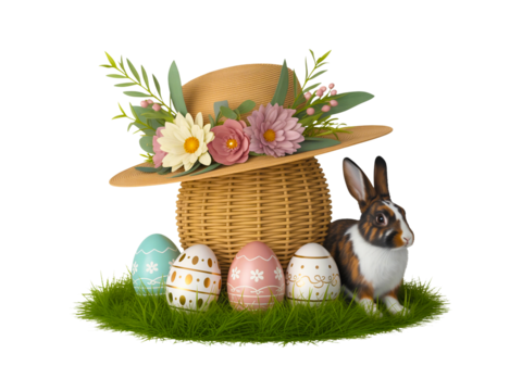 Easter eggs and rabbit with hat isolated on transparent background