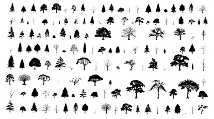 Scientific illustration of tree silhouettes, black forms arranged in precise rows on a pristine white canvas, with a focus on delicate outlines and varied species shapes, showcasing a range of foliage