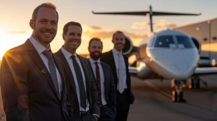 A confident group of men stands in front of an executive jet during sunset, embodying success and aspiration in a luxurious and dynamic business environment.