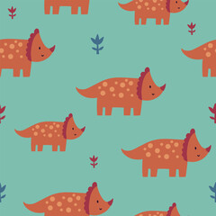 Seamless vector pattern with different types of funny dinosaurs, cute kids background