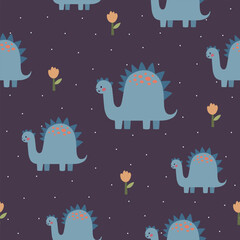 Seamless vector pattern with blue funny dinosaurs, cute kids background