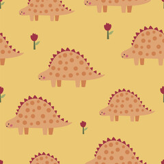 Seamless vector pattern with orange dinosaurs, cute kids yellow background