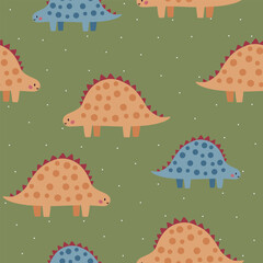 Seamless vector pattern with different types of funny dinosaurs, cute kids background