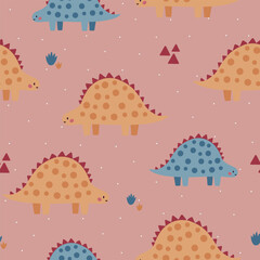 Seamless vector pattern with different types of funny dinosaurs, cute kids background