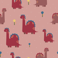 Seamless vector pattern with different types of funny dinosaurs, cute kids background