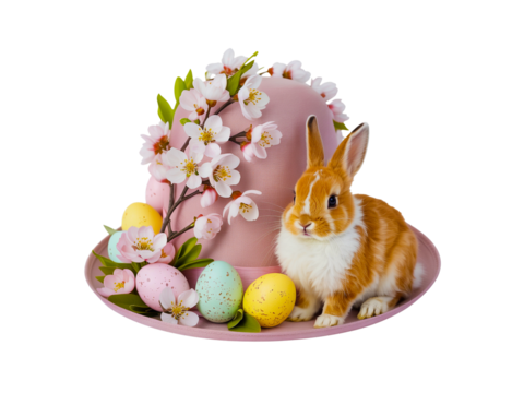 Easter bunny and eggs with floral hat isolated on transparent background - Powered by Adobe