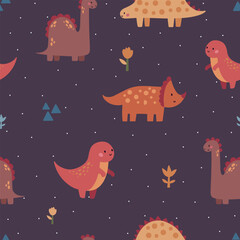 Seamless vector pattern with different types of funny dinosaurs, cute kids background
