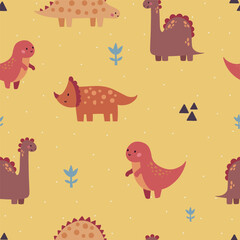 Seamless vector pattern with different types of funny dinosaurs, cute kids yellow background