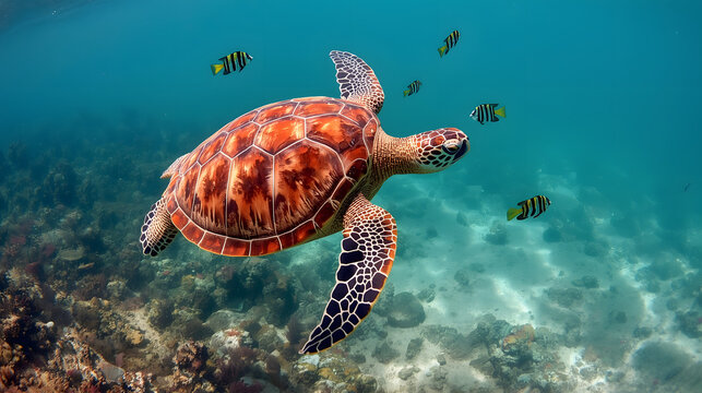 A beautiful green sea turtle swims gracefully through the clear blue ocean water near a vibrant coral reef
