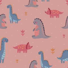 Seamless vector pattern with different types of funny dinosaurs, cute kids background