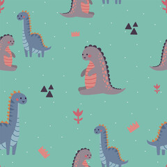 Seamless vector pattern with different types of funny dinosaurs, cute kids background