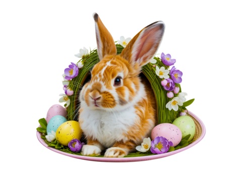 Adorable easter bunny in a floral wreath isolated on transparent background - Powered by Adobe
