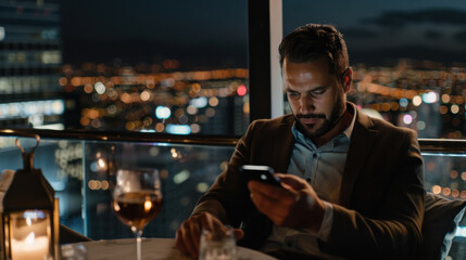 A man dressed in a suit sits at a stylish restaurant, focused on his smartphone while enjoying a drink, with a breathtaking cityscape view at night in the background.