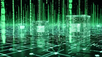 Abstract digital grid with glowing cubes and binary code - Powered by Adobe