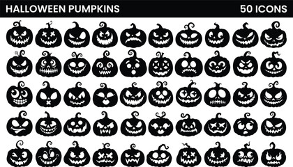 Set of Halloween pumpkins with a carved out scary faces. Vector illustration.