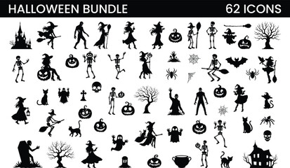 Halloween silhouette collection: skeletons, witches, pumpkins, ghosts and zombies. Vector illustration.