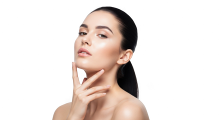 A striking young woman with dark hair pulled back, touching her chin, isolated on transparent background