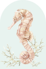 Watercolor frame, wreath with starfish, shells, coral, and seaweed. Ideal for wedding stationery, greeting cards, invitations, posters, nautical party design, and coastal decoration