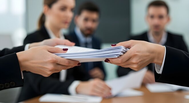 Close-up of hands exchanging important documents in a professional office setting.
