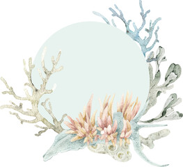 Watercolor frame, wreath with starfish, shells, coral, and seaweed. Ideal for wedding stationery, greeting cards, invitations, posters, nautical party design, and coastal decoration