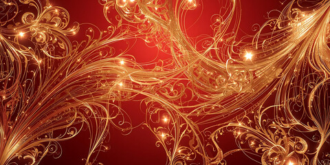 Abstract Red Background with Swirling Gold Designs and Sparkling Lights