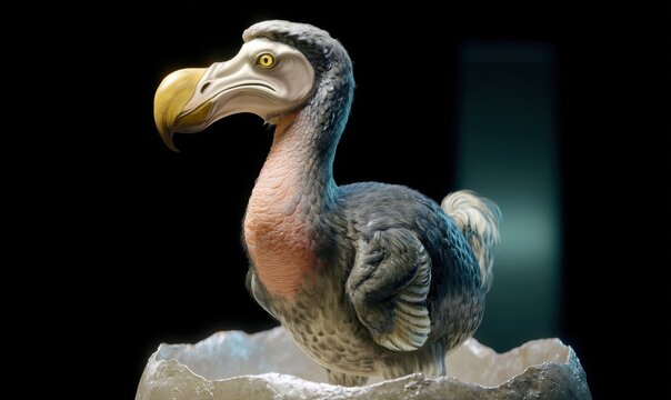 A hyperrealistic dodo chick emerges from an illuminated incubation pod, symbolizing scientific breakthrough and de-extinction against a dark, dramatic background.