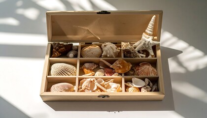 Seashells in a wooden box