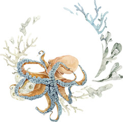 Watercolor frame, wreath with starfish, shells, coral, and seaweed. Ideal for wedding stationery, greeting cards, invitations, posters, nautical party design, and coastal decoration