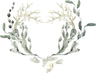 Watercolor frame, wreath with starfish, shells, coral, and seaweed. Ideal for wedding stationery, greeting cards, invitations, posters, nautical party design, and coastal decoration