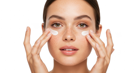 A woman with freckles applies eye cream with her fingers on a transparent background