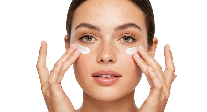 A woman with freckles applies eye cream with her fingers on a transparent background