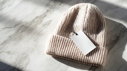 Explore our stylish beige knit beanie hat with a blank tag on marble, designed as a winter accessory. Stay warm and fashionable with this cozy hat, perfect for gifting or showcasing in product shots