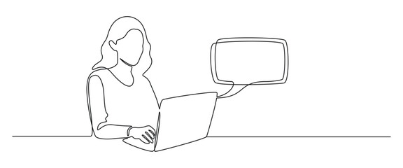 Woman with laptop computer in one continuous line drawing. Symbol of online texting and dialogue in simple linear style. Speech balloon in Editable stroke. Outline vector illustration