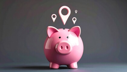Pink piggy bank with location markers symbolizing financial goals