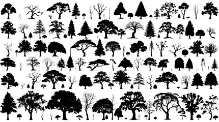 Stylized inventory of trees, arranged in a dense grid with meticulous precision, showcasing a wide range of species, each tree a stark black silhouette against a clean white background, highlighting t